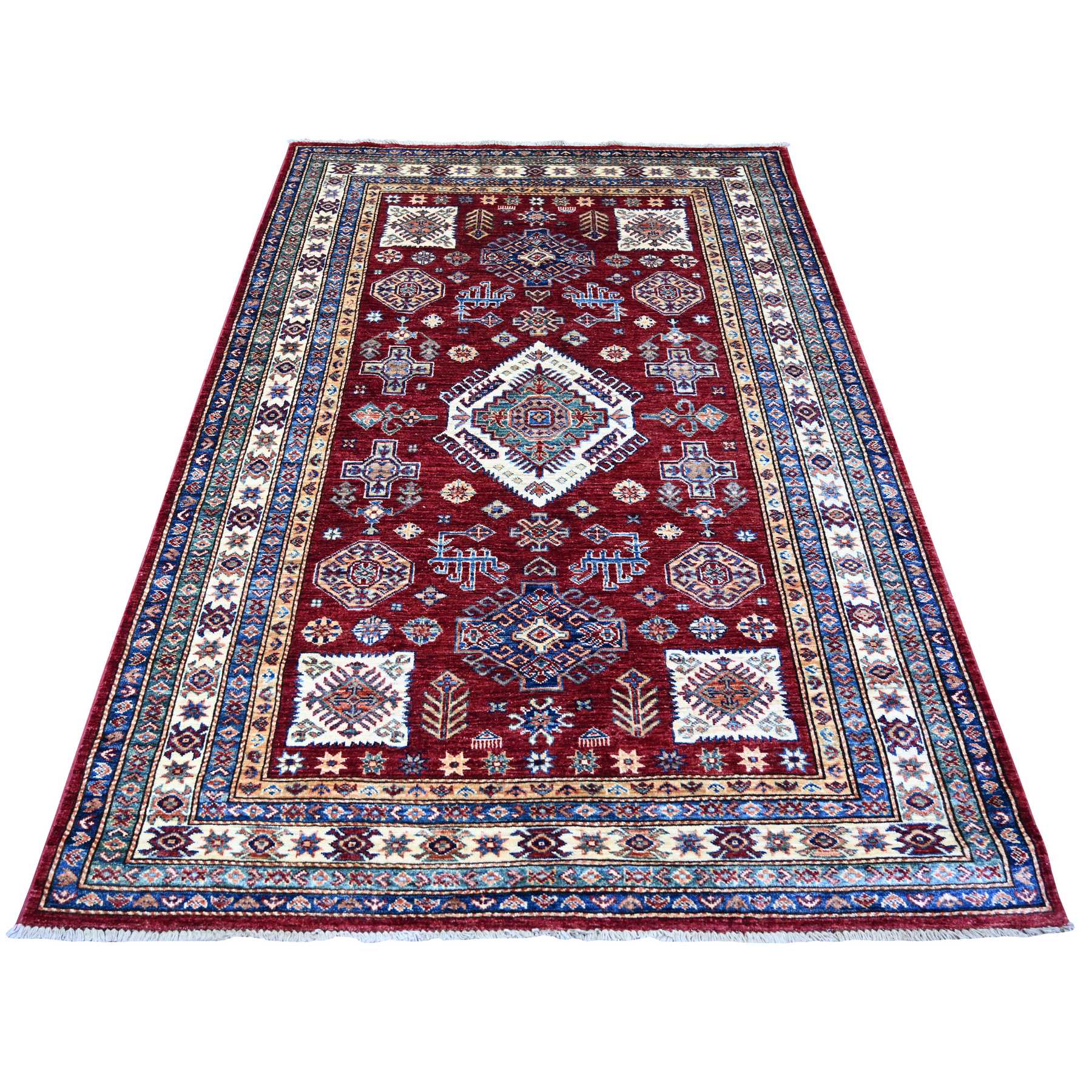 Currant Red, Afghan Super Kazak with Geometric Medallion Design, Hand Knotted, Soft and Shiny Wool, Vegetable Dyes, Oriental Rug
